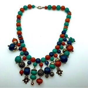 EGYPTIAN Revival Acrylic Beaded Bib Vintage Costume Necklace 17” + 1.7” Drop